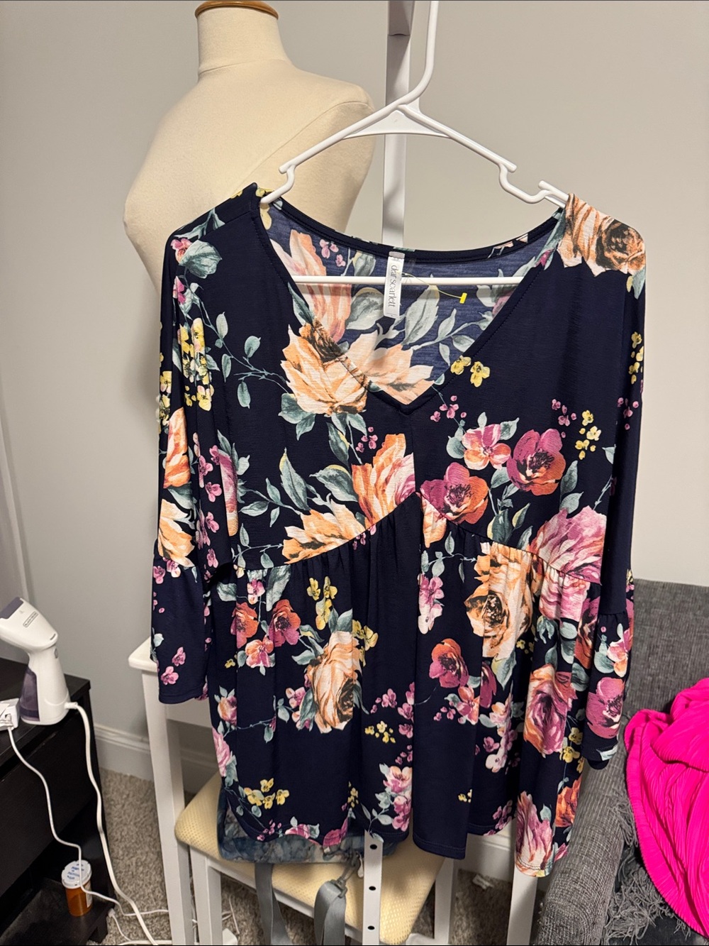 Scarlett Navy Floral V-Neck Top with Pink and Peach Blooms